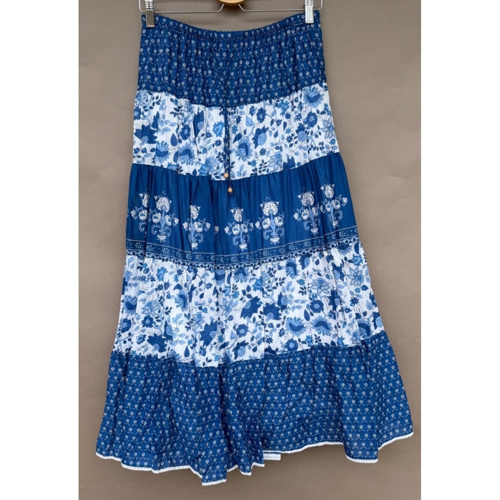 Lauren Ralph Lauren Tiered Midi Skirt Blue White Floral S Boho Cotton Drawstring